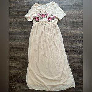 Cream Embroidered Pink Floral Boho Maxi Dress, Empire Waist Size M